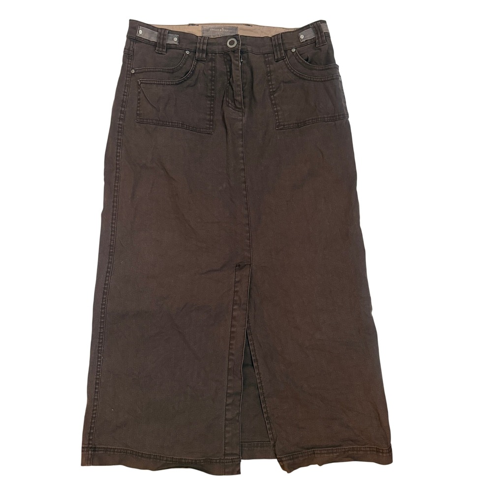 Cotton Ginny Denim Maxi Skirt Womens 8 Brown Excellent Utility Slit Herringbone